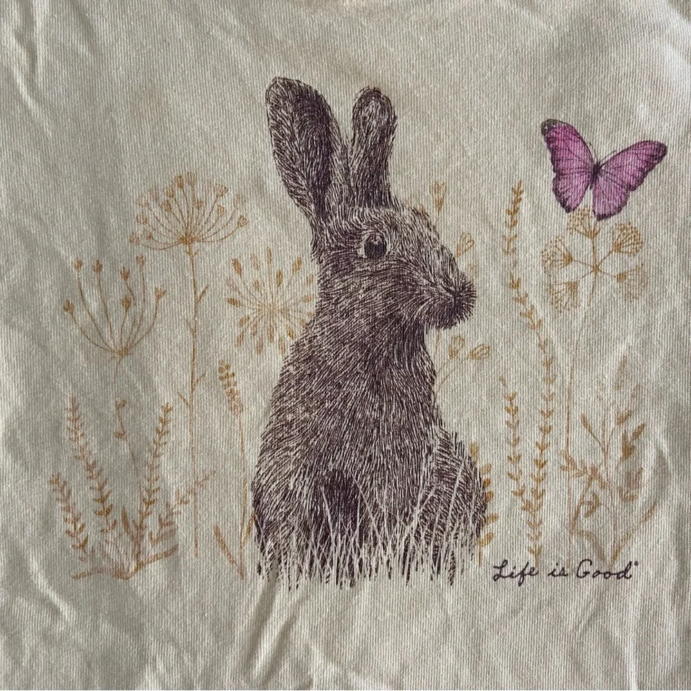 Life is Good Bunny Rabbit Butterfly Yellow Crusher Med Women's Crew Neck T Shirt - Picture 2 of 5